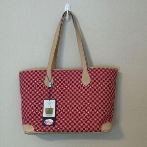 Designer Dominie Red Patterned Tote with Tan Leather Trim - Classic style